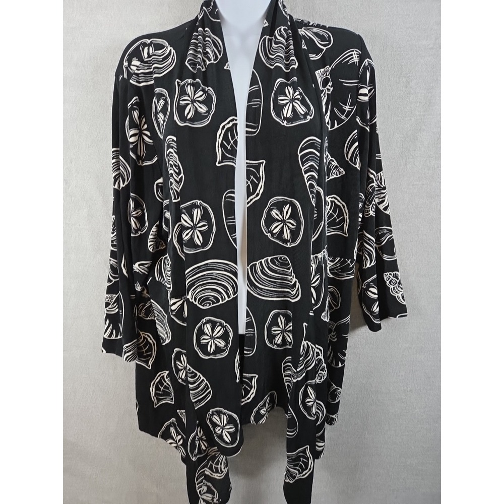 CHICOS Travelers 2 Size L‎ SEASHELLS Sandollar Open Cardigan Asymmetric Black
